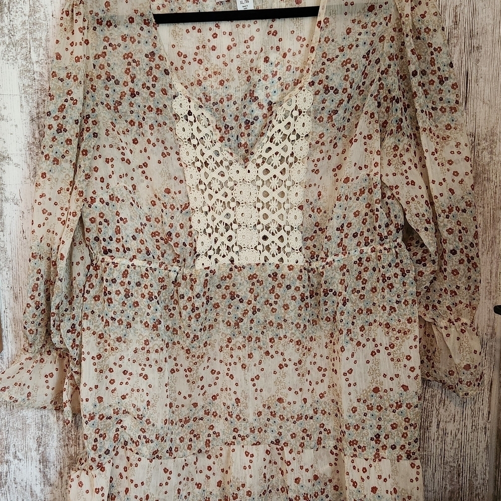Decree Cream Relaxed 3/4 Sleeve Sheer Floral Bonhemiem Tunic Size XL